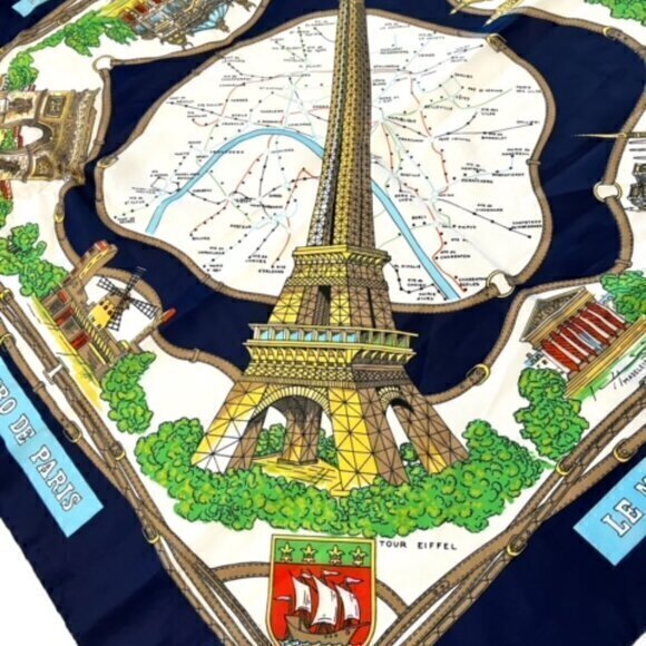 Paris Scarf Blue Gold Polyester 31 x 31 Large Souvenir de Paris Landmarks Travel - Picture 5 of 13